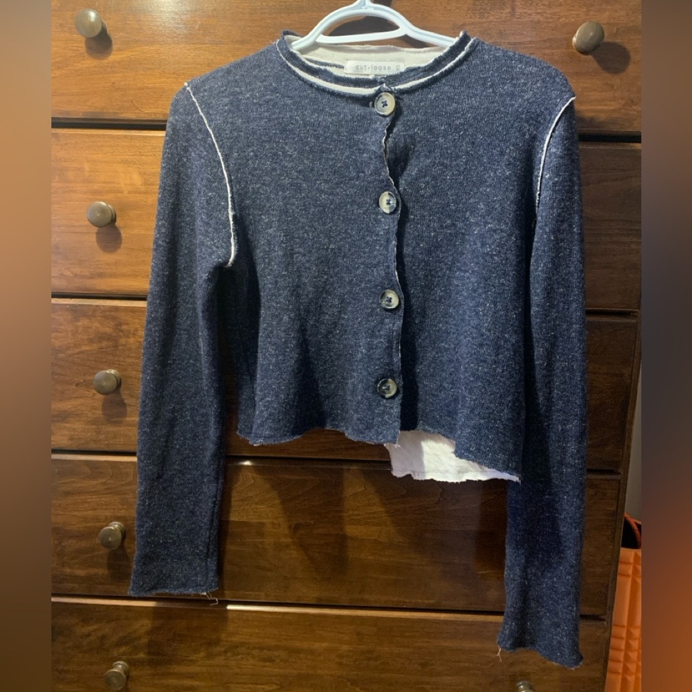 Cut Loose Blue Moon Wool Blend Collarless Crop Cardigan